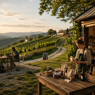 Podjetnica ob stojnici z lokalnimi izdelki na vinogradniški kmetiji, v ozadju vinogradi in obiskovalec z računalnikom.
