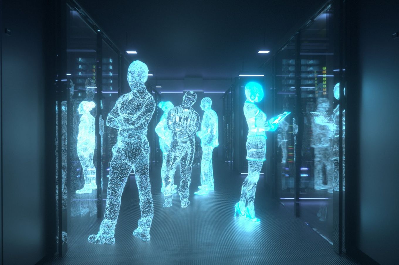 Na sliki so svetleče digitalne človeške figure v strežniški sobi med strežniškimi omarami.